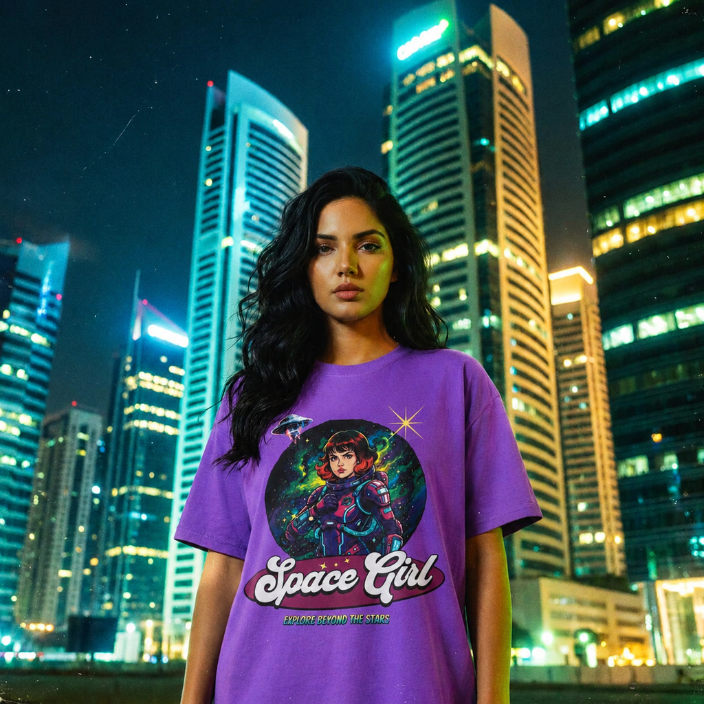 Space Girl Purple Graphic Regular Fit T-Shirt for Women - FREEFALLER