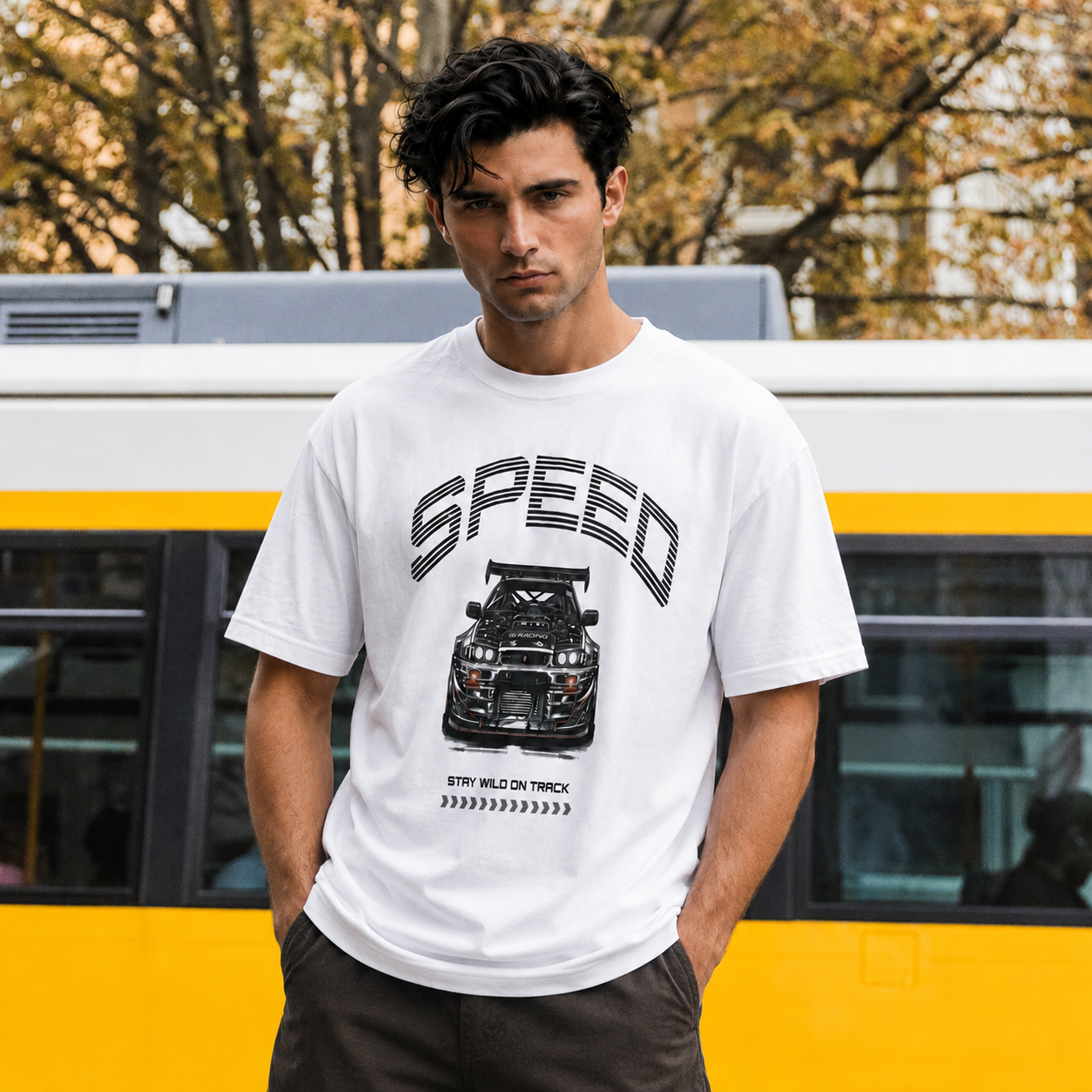 Car Speed White Graphic Regular Fit T-Shirt for Men