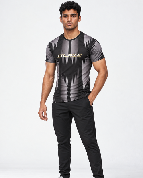 BLAZE Men's Black & Grey Jacquard Slim Dry Fit T-Shirt | EVOLVE by FREEFALLER