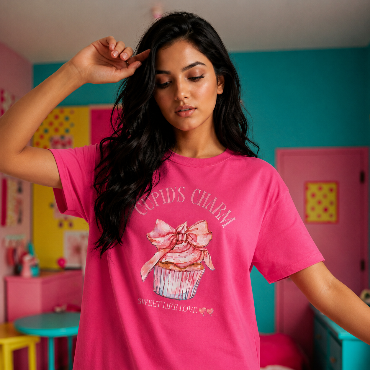 Cupid's Charm Pink Graphic Regular Fit T-Shirt for Women