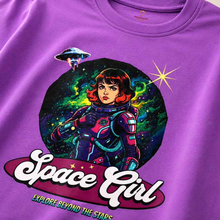 Space Girl Purple Graphic Regular Fit T-Shirt for Women - FREEFALLER